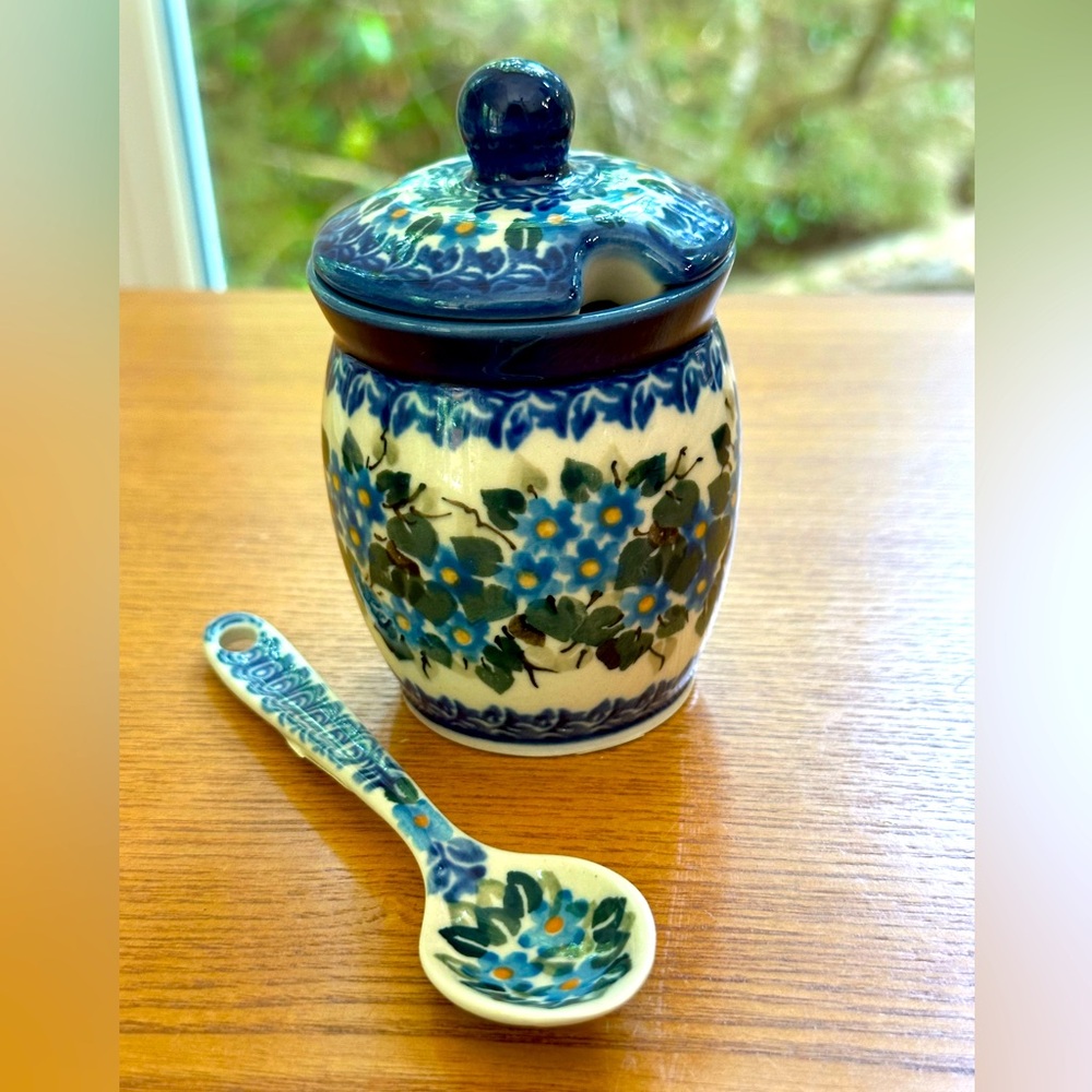Unikat Polish Pottery Condiment Jar W/ Spoon M. Starzyk Blue Floral NWOT